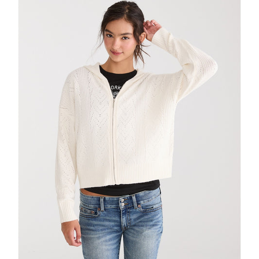 Aeropostale Womens' Cozy Pointelle Full-Zip Sweater Hoodie