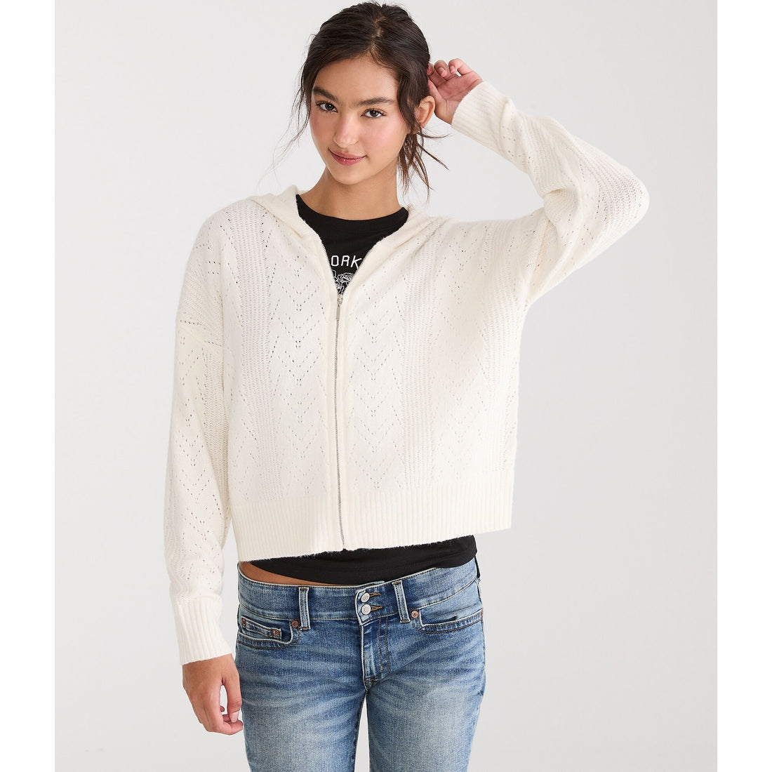 Aeropostale Womens' Cozy Pointelle Full-Zip Sweater Hoodie