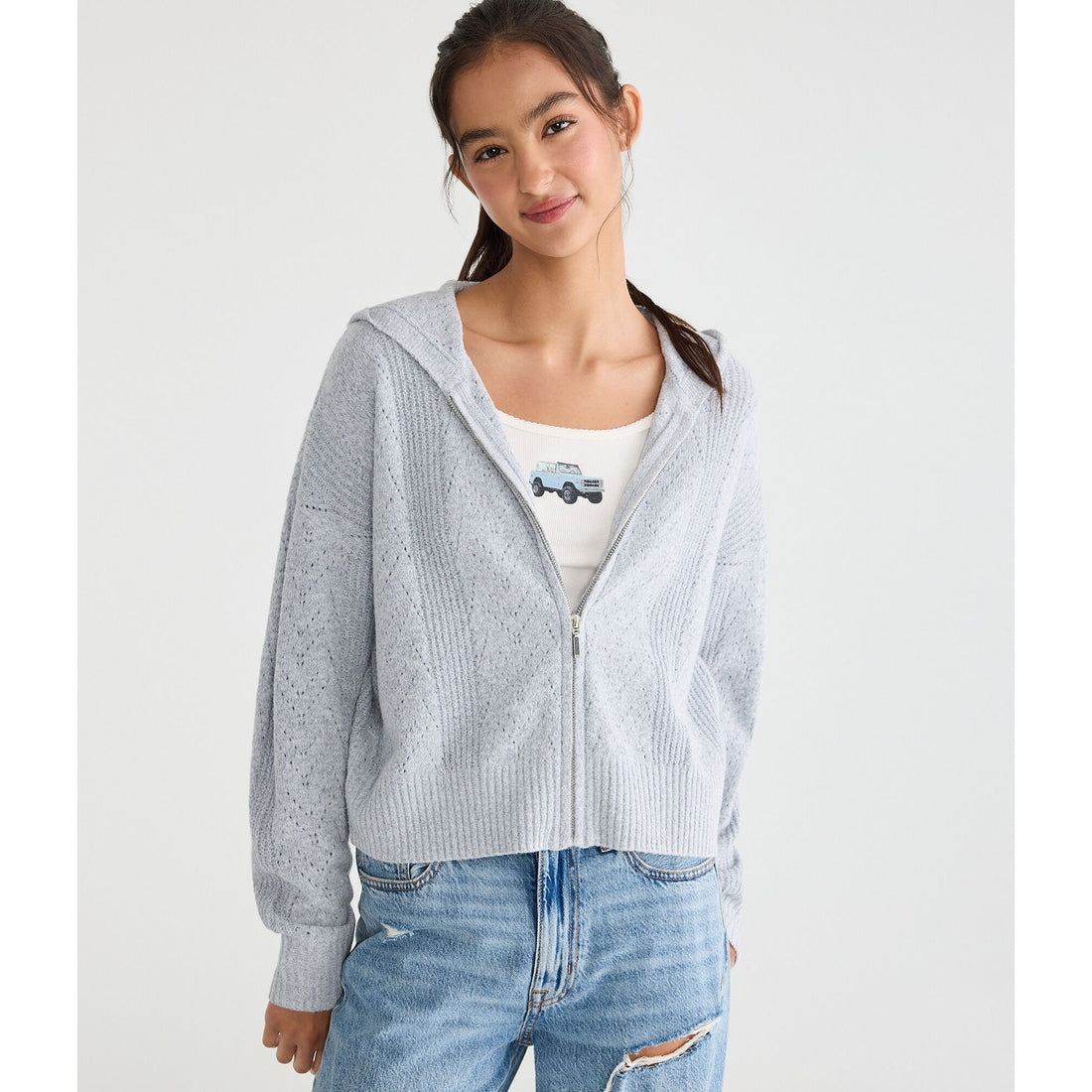 Aeropostale Womens' Cozy Pointelle Full-Zip Sweater Hoodie