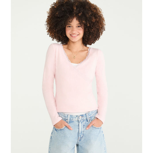 Aeropostale Womens' Long Sleeve Crossover Lace V-Neck Tee