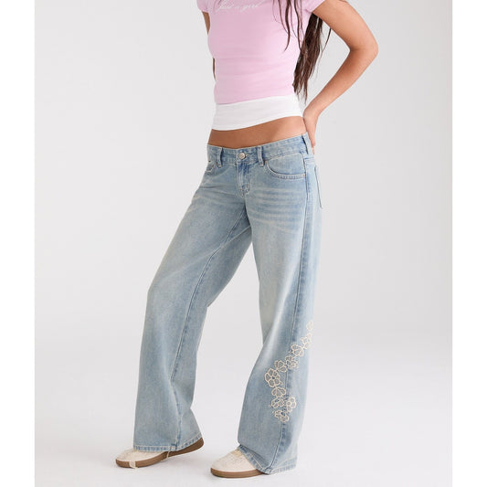 Aeropostale Womens' Super Low-Rise Baggy Wide Leg Embroidered Floral Jean