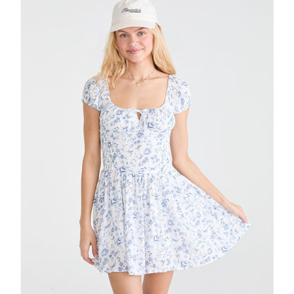 Floral Square-Neck Drop-Waist Mini Dress