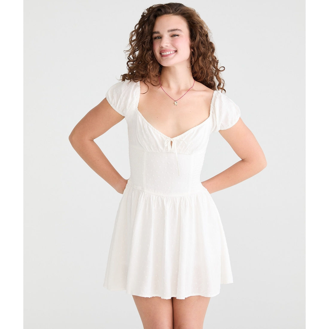 Swiss Dot V-Neck Drop-Waist Mini Dress