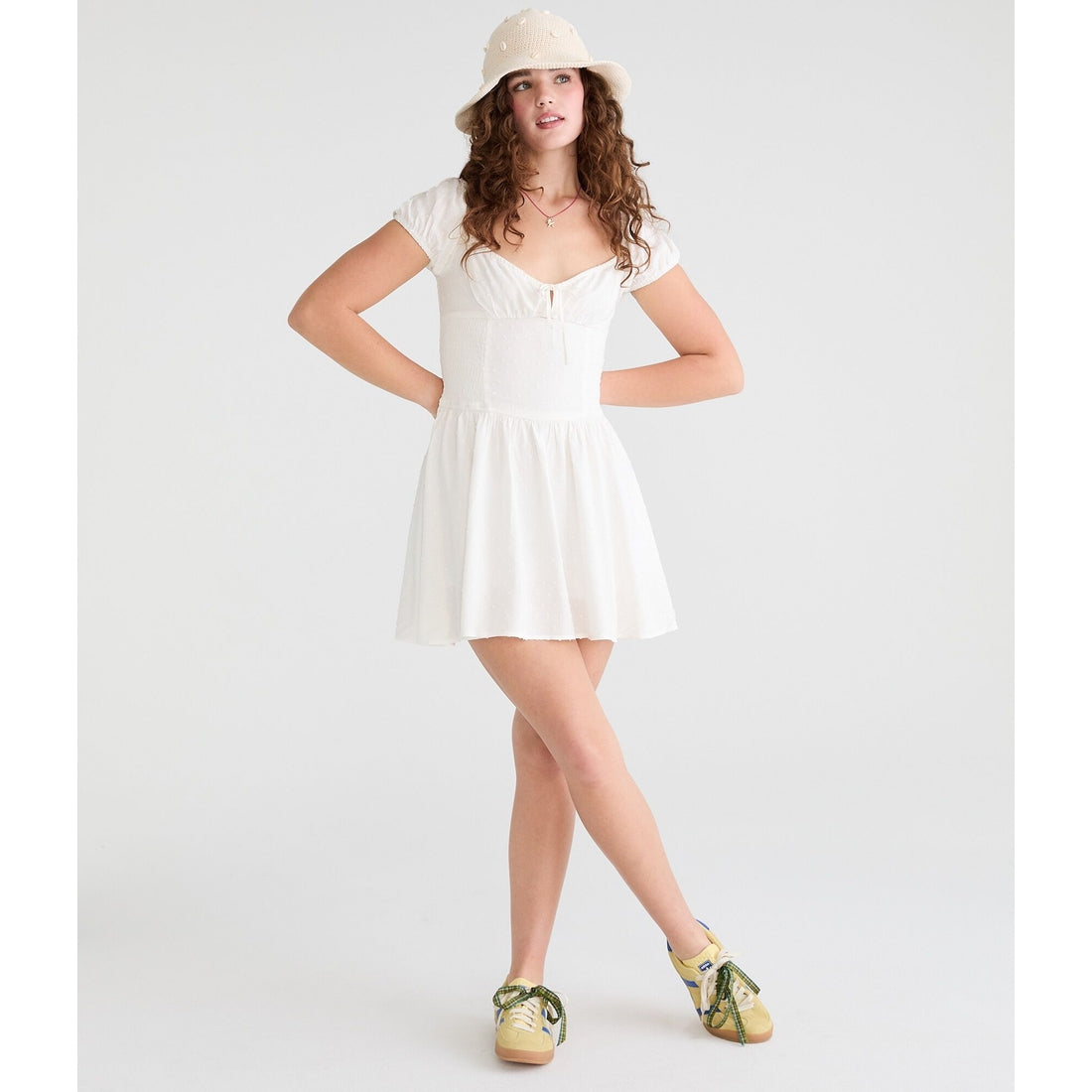 Swiss Dot V-Neck Drop-Waist Mini Dress