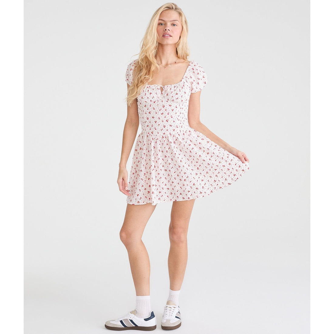 Cherry Print Square-Neck Drop-Waist Mini Dress