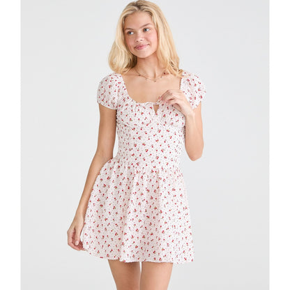 Cherry Print Square-Neck Drop-Waist Mini Dress
