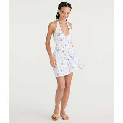 Tropical Print V-Neck Halter Mini Dress