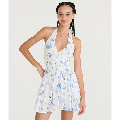Tropical Print V-Neck Halter Mini Dress