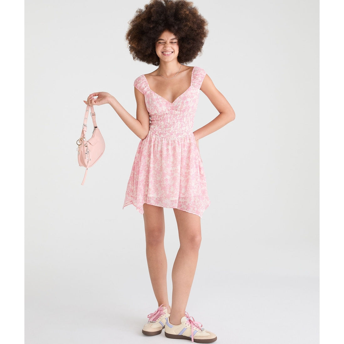 Floral V-Neck Handkerchief Hem Mini Dress