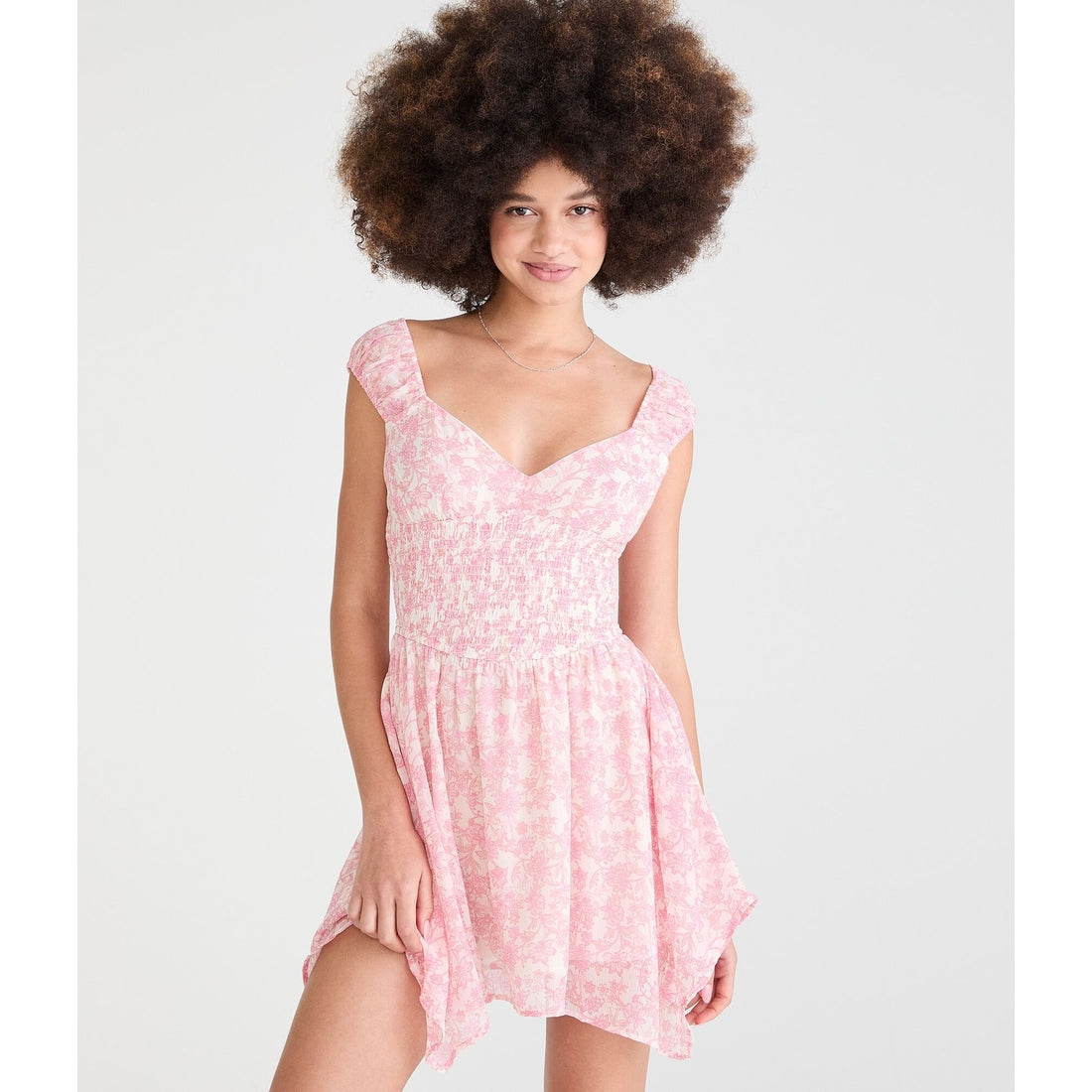 Floral V-Neck Handkerchief Hem Mini Dress