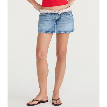 Cherry Waistband Low-Rise Denim Mini Skirt