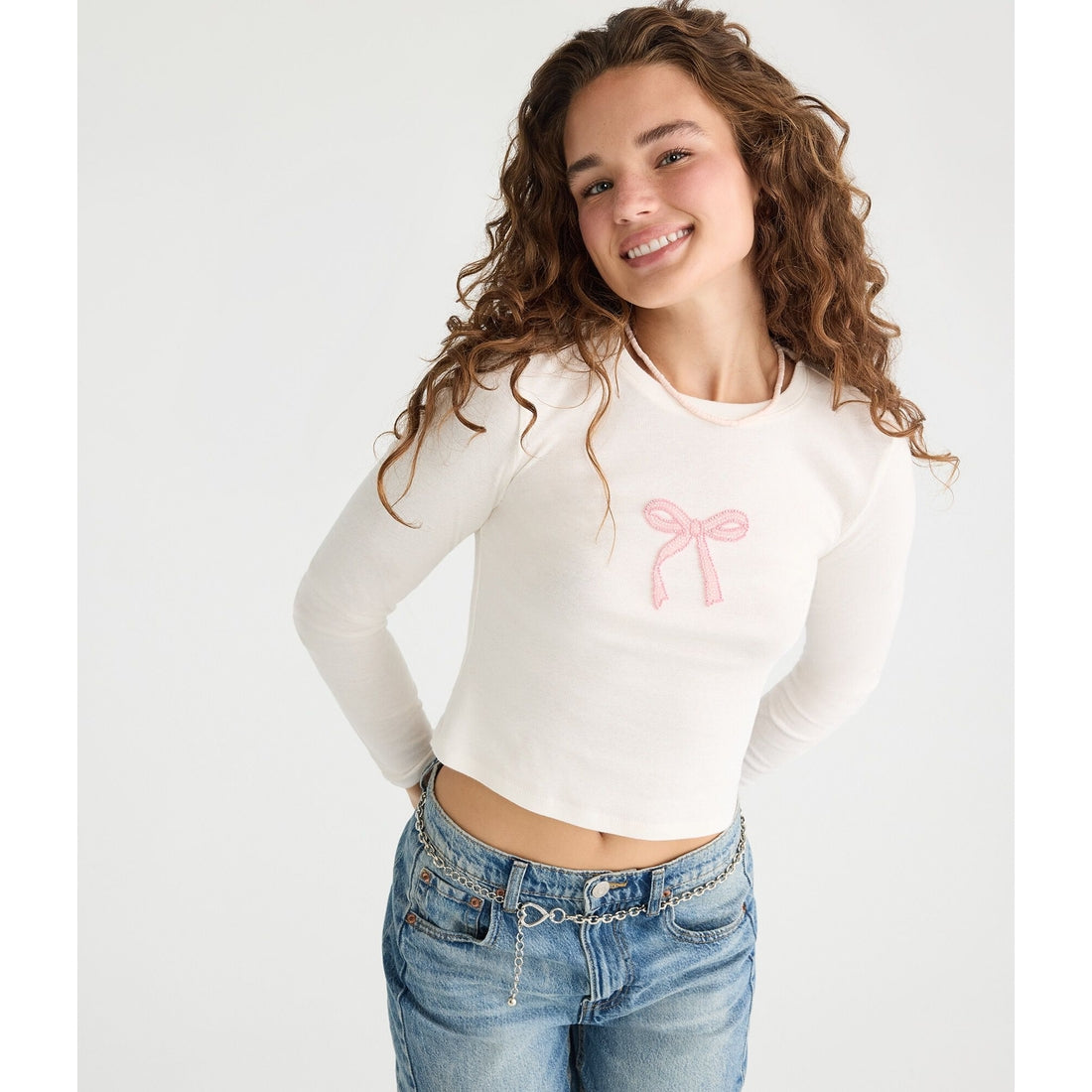 Aeropostale Womens' Long Sleeve Beaded Bow Top