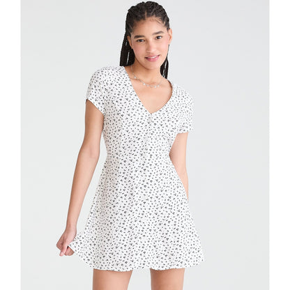 Printed V-Neck Buttoned A-Line Dress