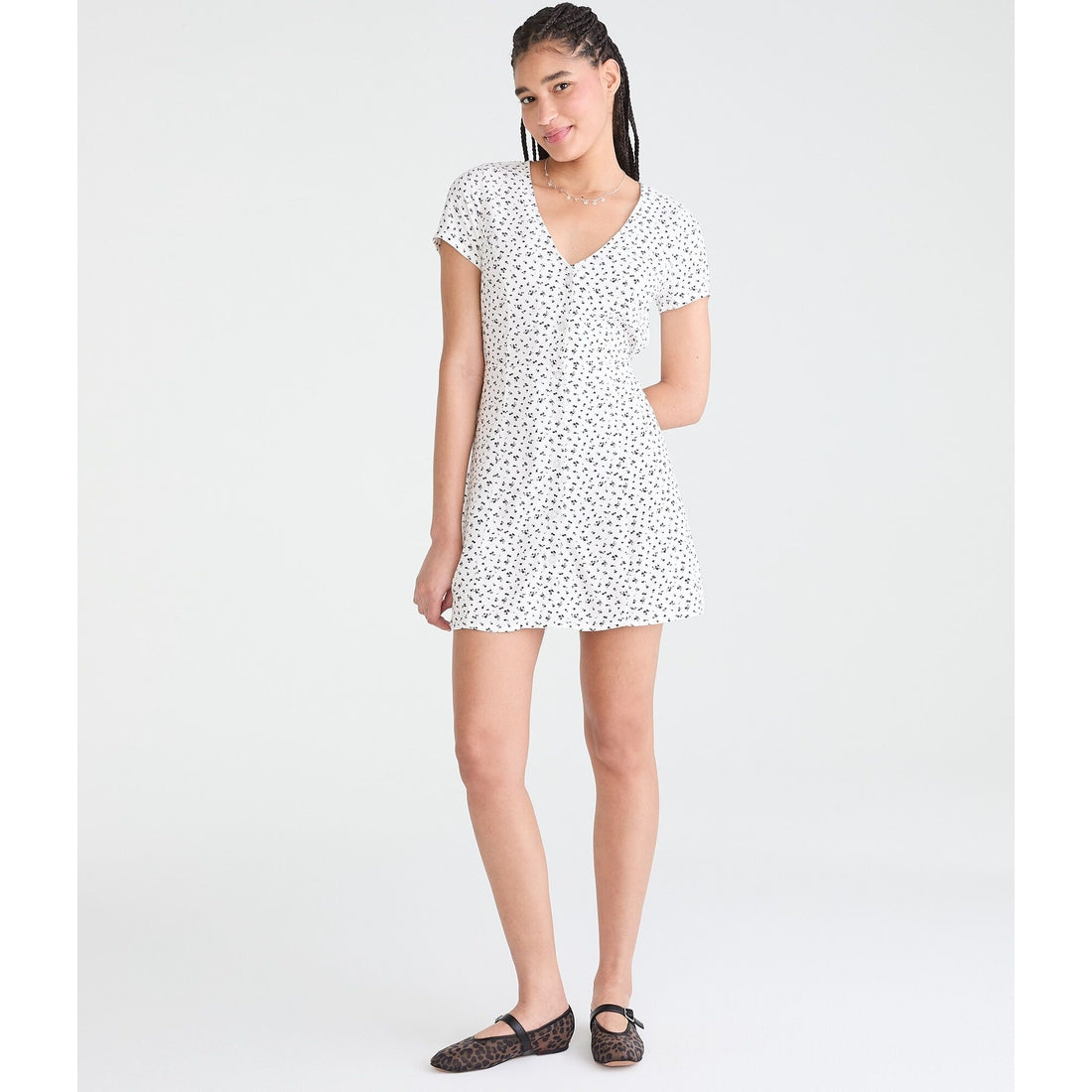 Printed V-Neck Buttoned A-Line Dress