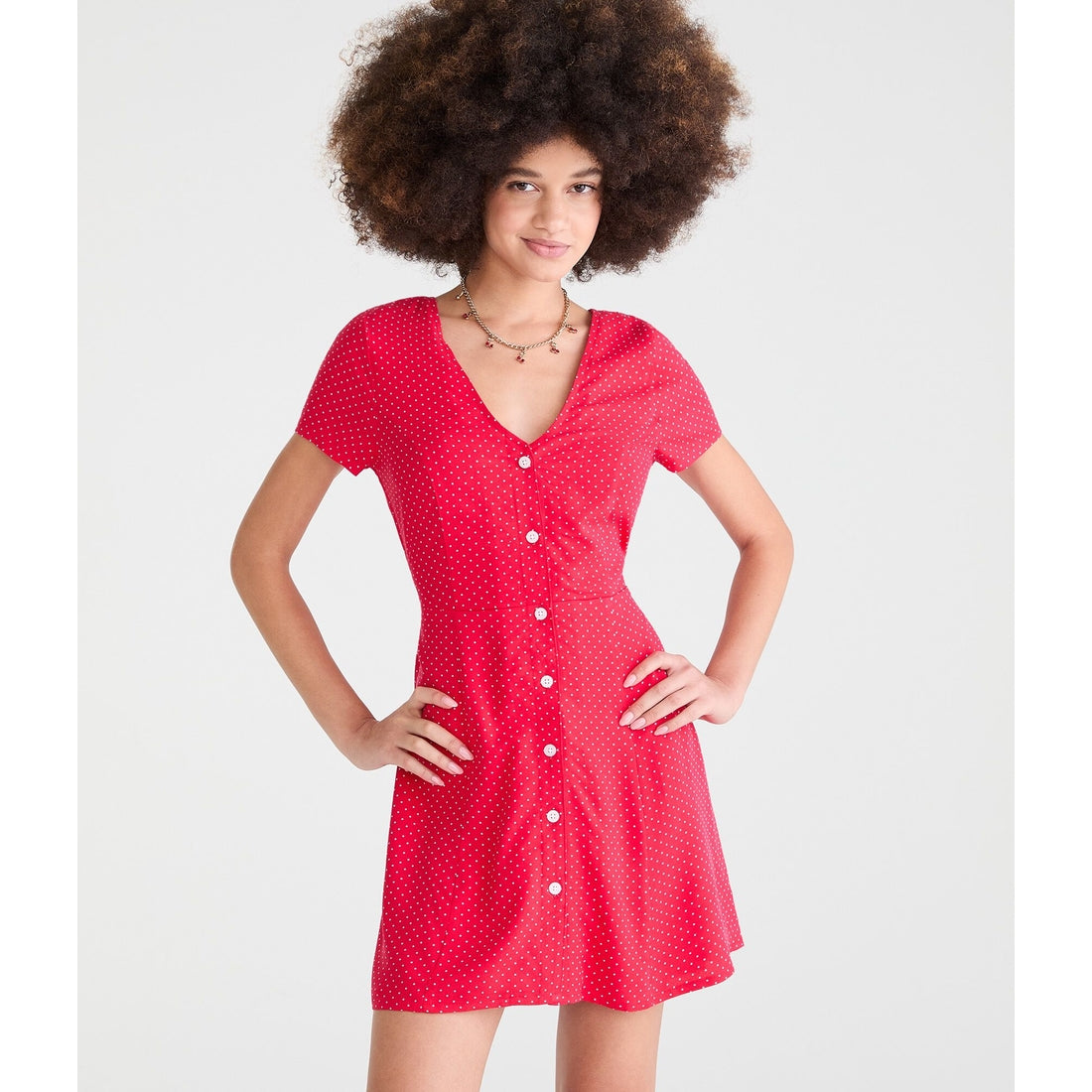 Printed V-Neck Buttoned A-Line Dress