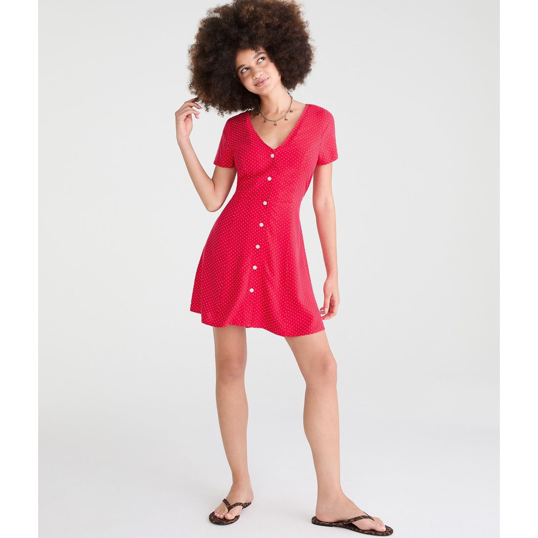 Printed V-Neck Buttoned A-Line Dress