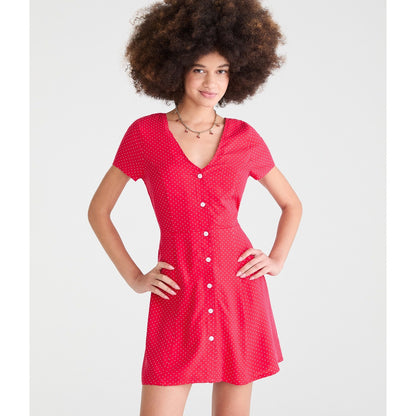 Printed V-Neck Buttoned A-Line Dress