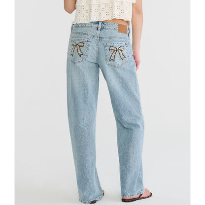 Low-Rise Baggy Wide Leg Leopard Bow Jean