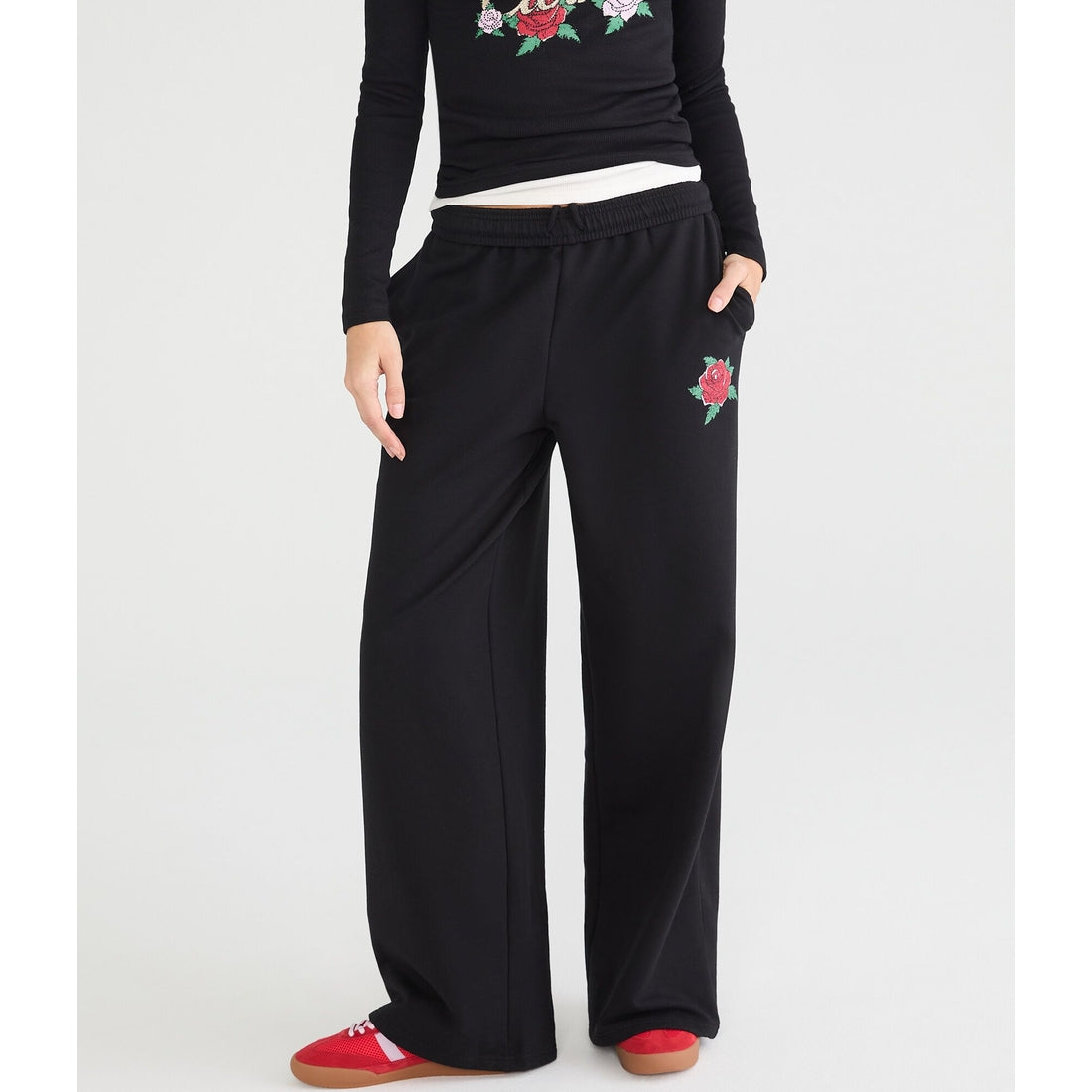 Aeropostale Womens' Cloud Soft Tattoo Roses High-Rise Wide Leg Sweatpants