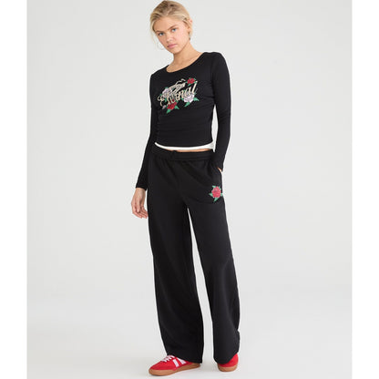 Aeropostale Womens' Cloud Soft Tattoo Roses High-Rise Wide Leg Sweatpants