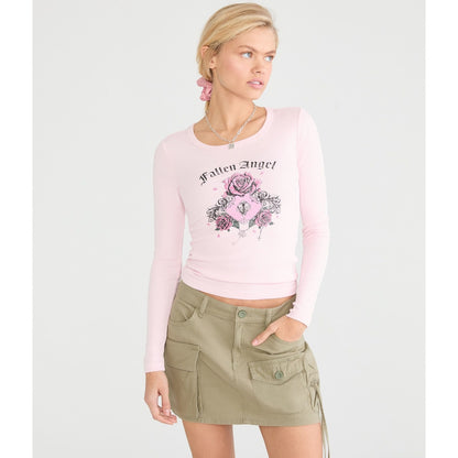 Aeropostale Womens' Long Sleeve Fallen Angel Rose Graphic Tee