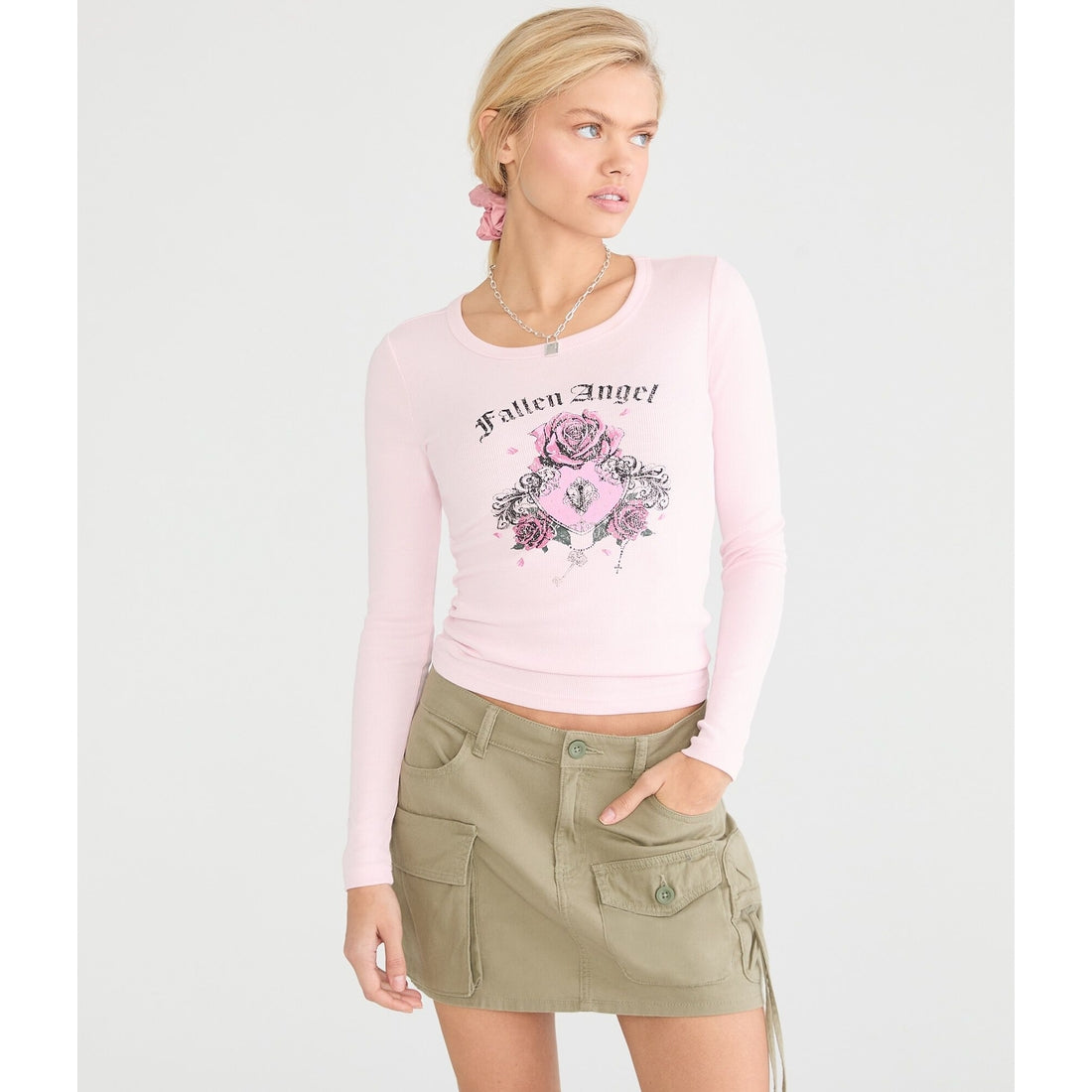 Aeropostale Womens' Long Sleeve Fallen Angel Rose Graphic Tee