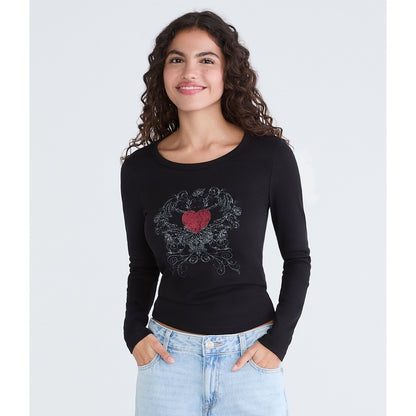 Aeropostale Womens' Long Sleeve Winged Heart Graphic Tee