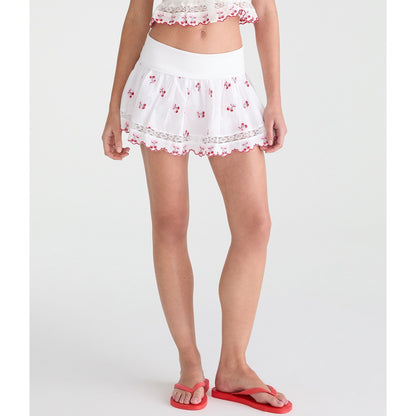 Embroidered Cherries Fold-Over Mini Skirt