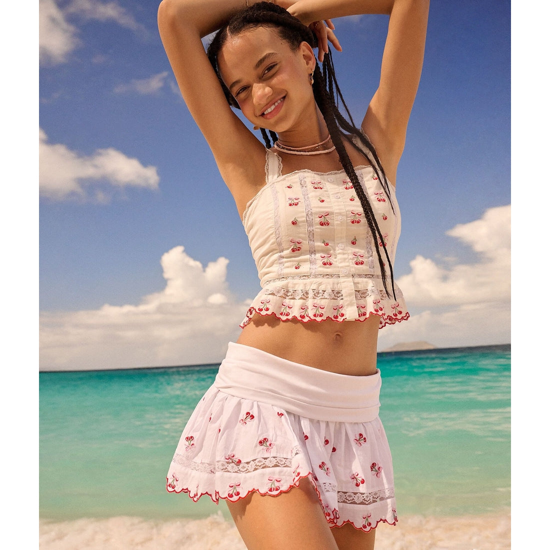 Embroidered Cherries Fold-Over Mini Skirt