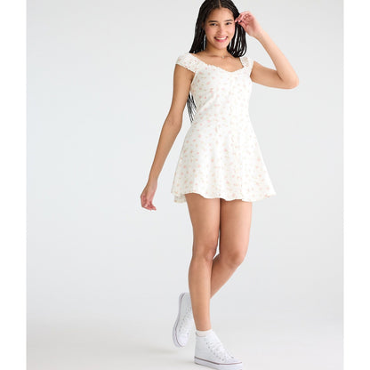 Floral Scoop-Neck Buttoned A-Line Mini Dress