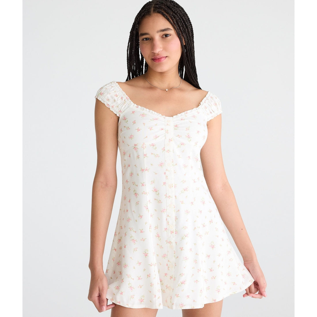 Floral Scoop-Neck Buttoned A-Line Mini Dress