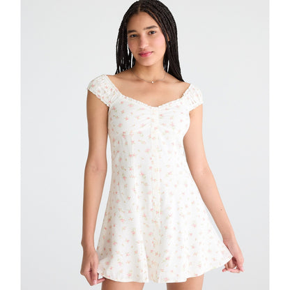 Floral Scoop-Neck Buttoned A-Line Mini Dress