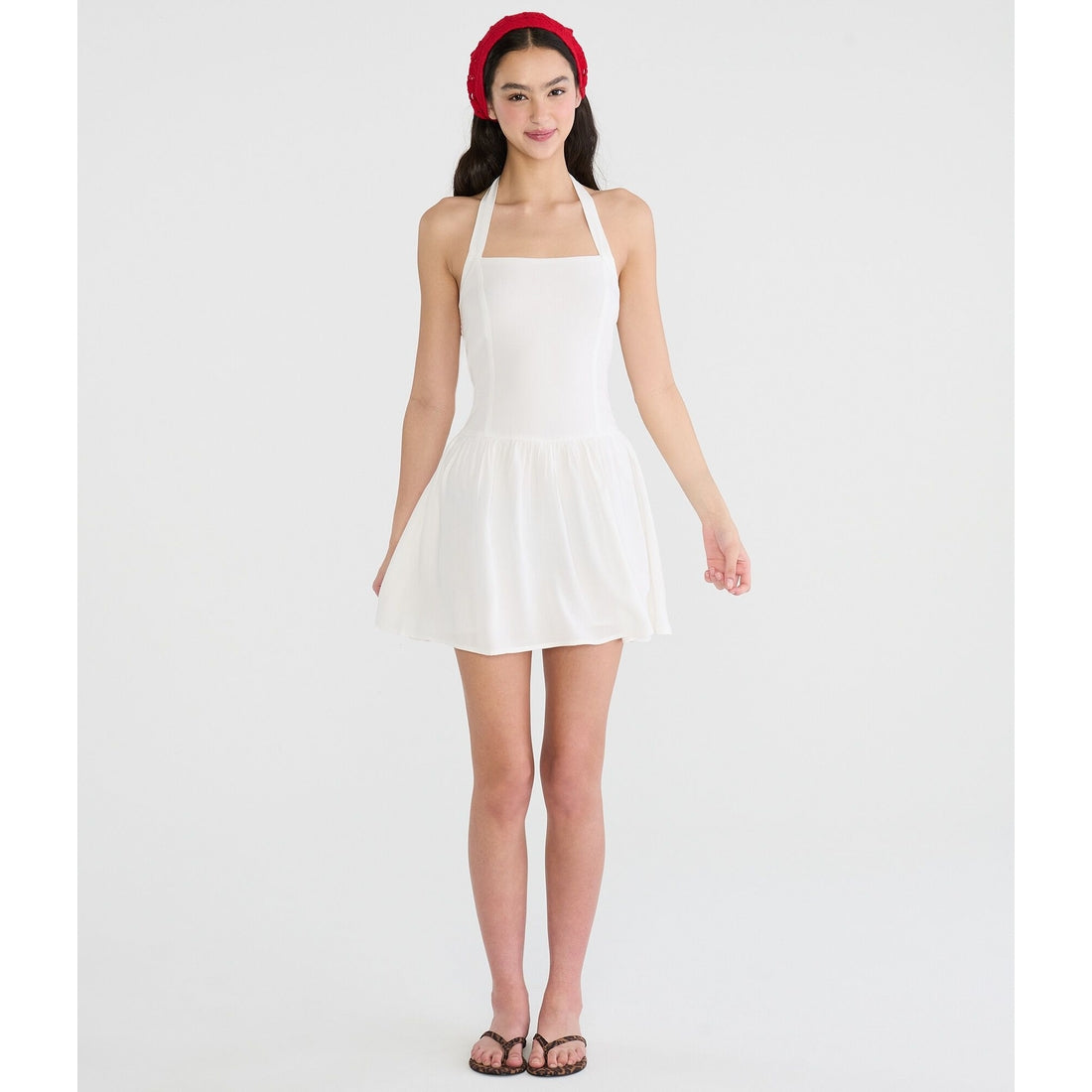 Solid Square-Neck Halter Drop-Waist Mini Dress
