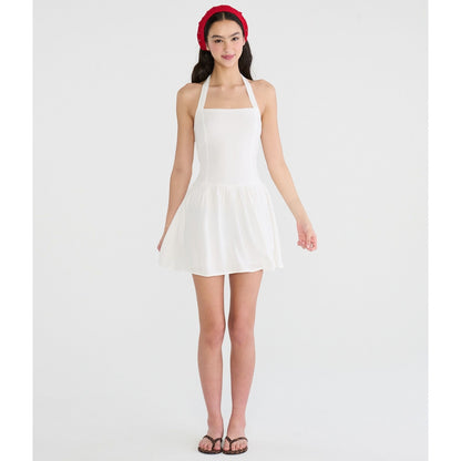 Solid Square-Neck Halter Drop-Waist Mini Dress