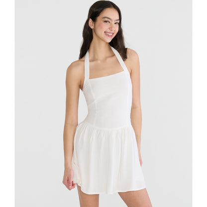 Solid Square-Neck Halter Drop-Waist Mini Dress