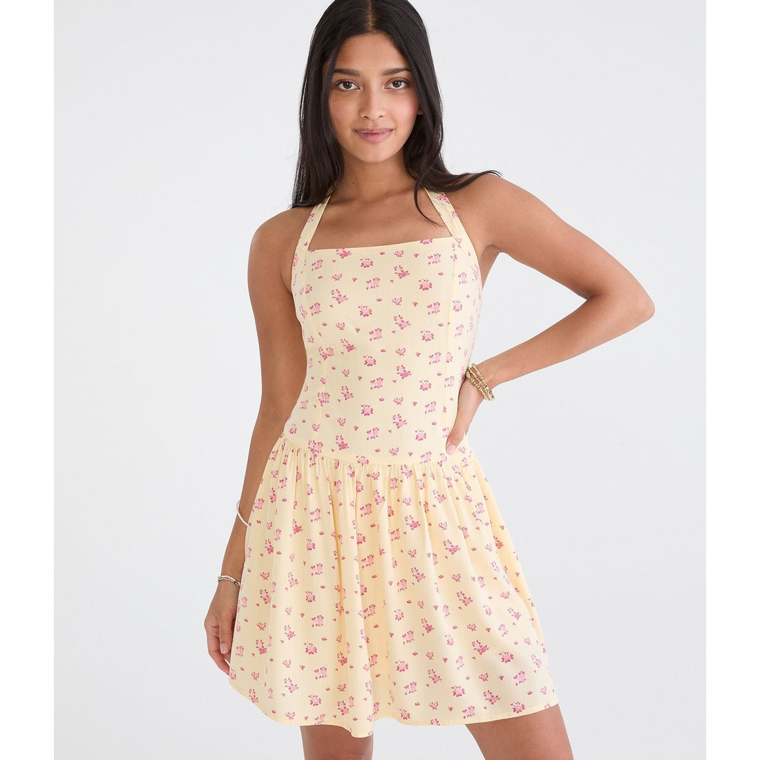 Floral Square-Neck Halter Drop-Waist Mini Dress