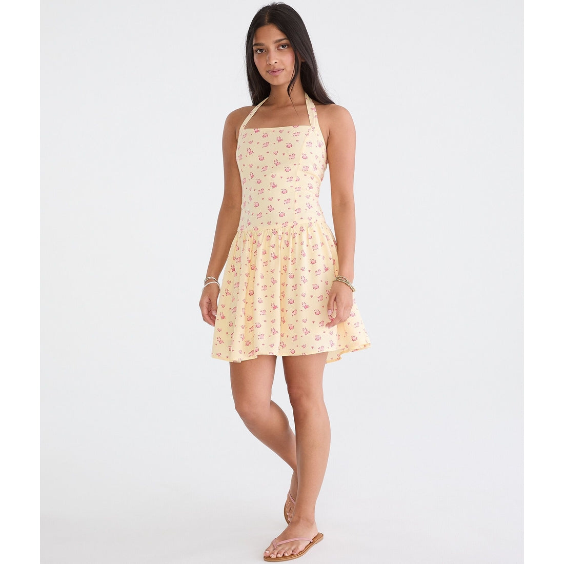 Floral Square-Neck Halter Drop-Waist Mini Dress