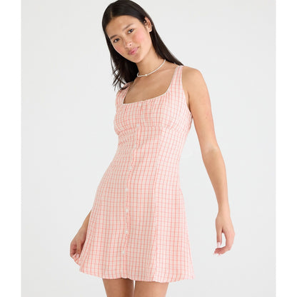 Plaid Square-Neck Button-Front A-Line Mini Dress