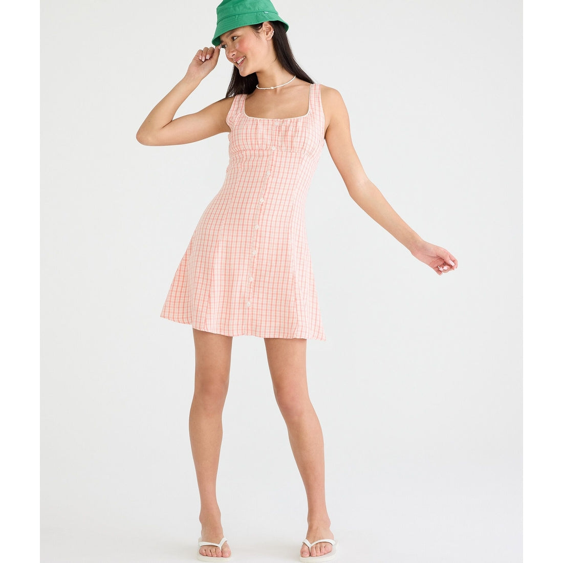 Plaid Square-Neck Button-Front A-Line Mini Dress