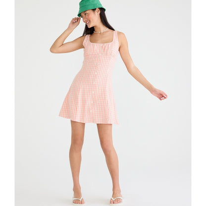 Plaid Square-Neck Button-Front A-Line Mini Dress