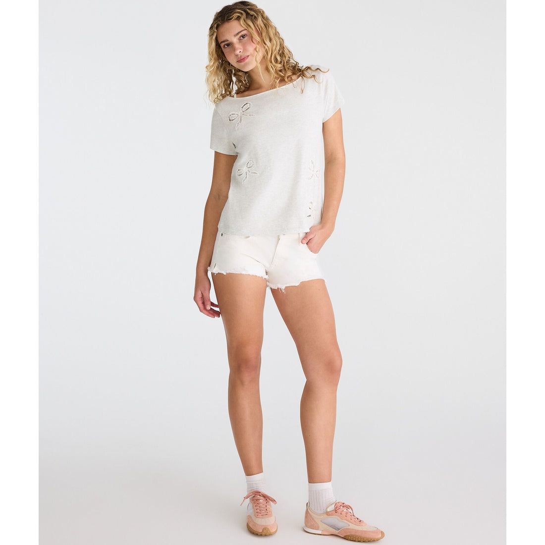 Seriously Soft Lace Bow Off-The-Shoulder Vintage Fit Tee