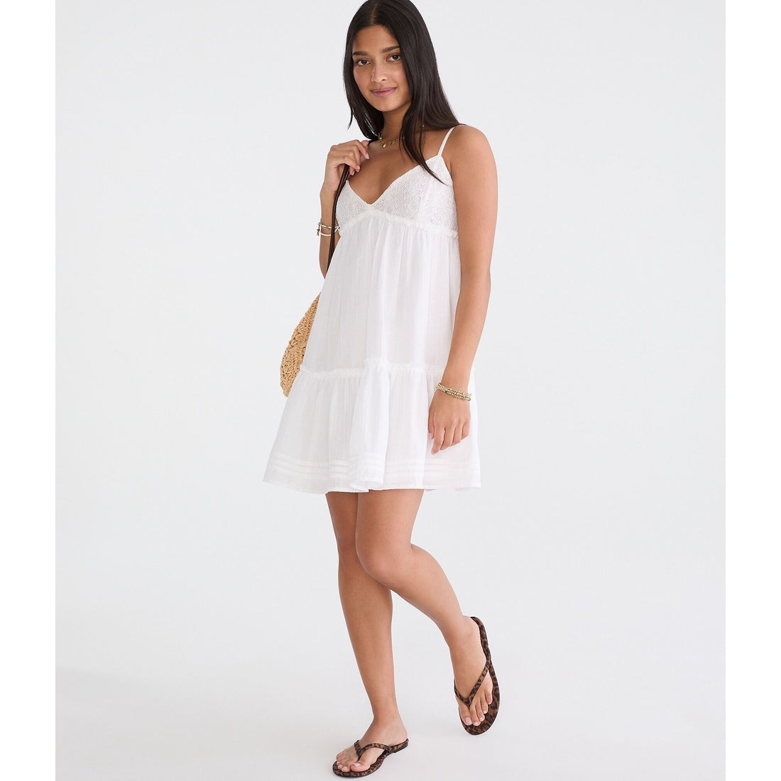 Solid V-Neck Crocheted Babydoll Mini Dress