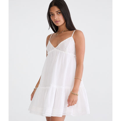 Solid V-Neck Crocheted Babydoll Mini Dress