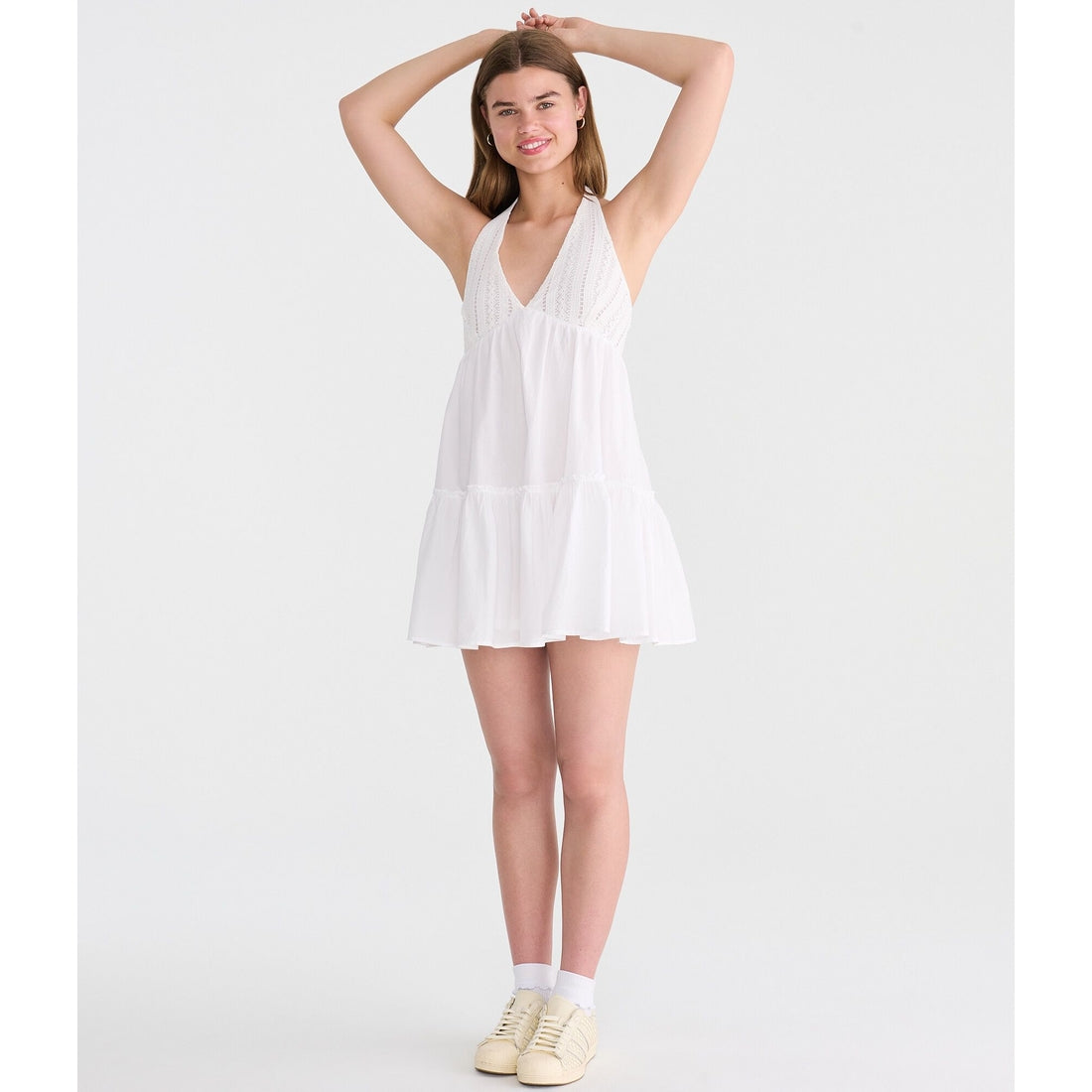 Solid V-Neck Crocheted Halter Mini Dress
