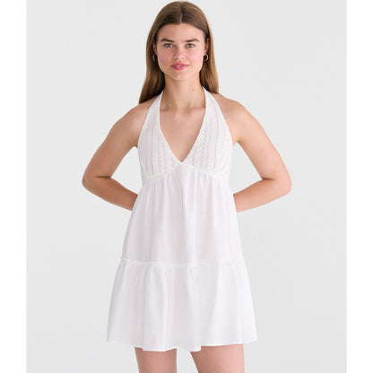 Solid V-Neck Crocheted Halter Mini Dress