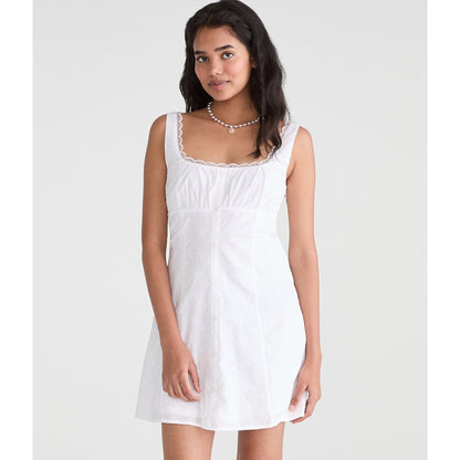 Solid Scoop-Neck Eyelet A-Line Mini Dress