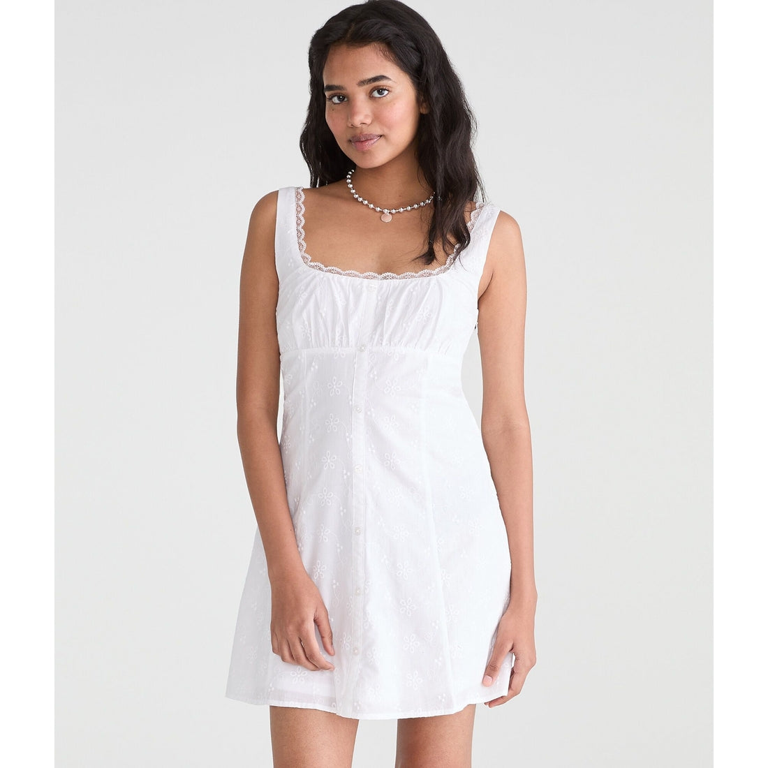 Solid Scoop-Neck Eyelet A-Line Mini Dress