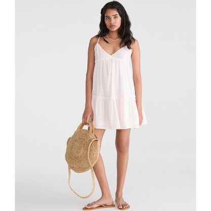 Solid V-Neck Crocheted Babydoll Mini Dress