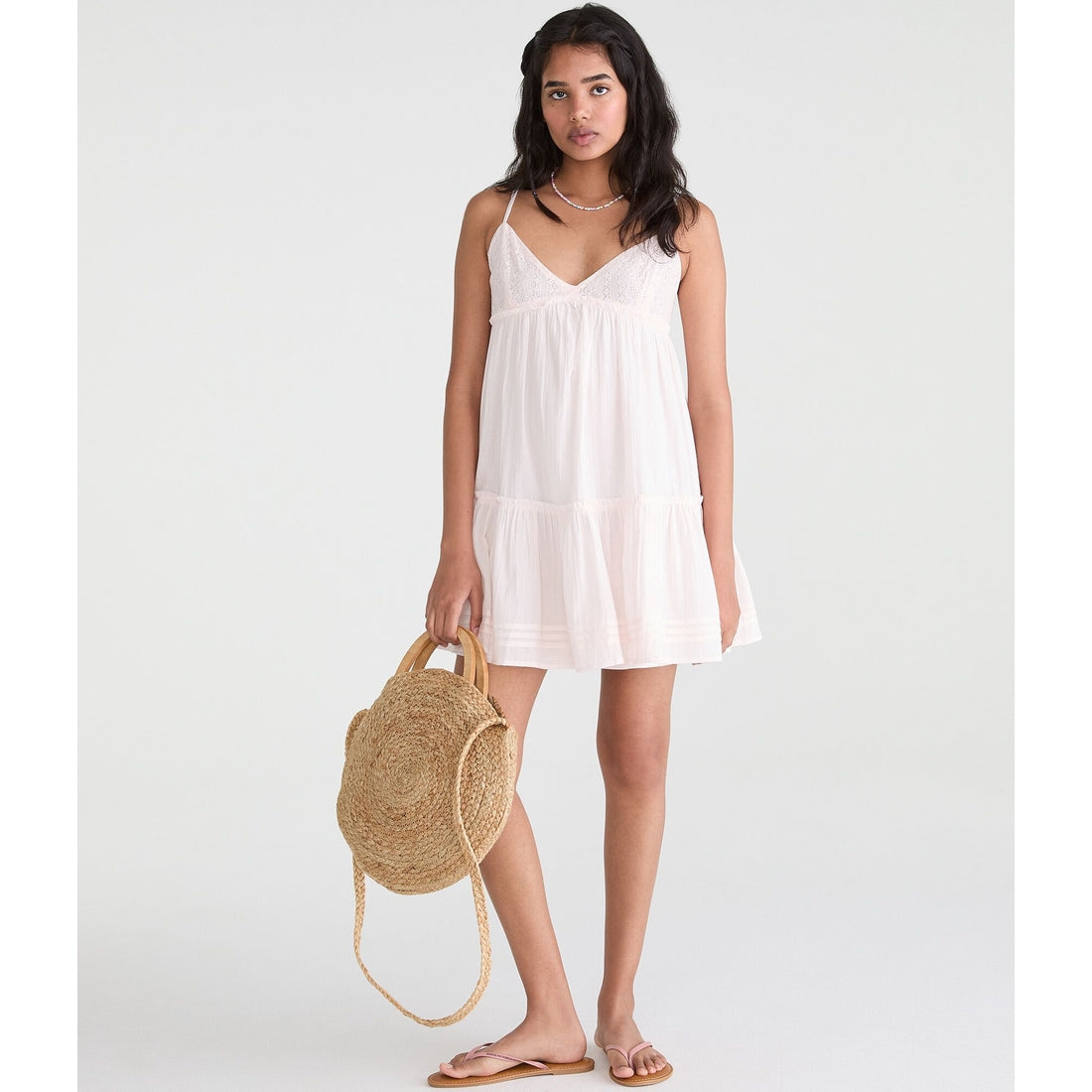 Solid V-Neck Crocheted Babydoll Mini Dress