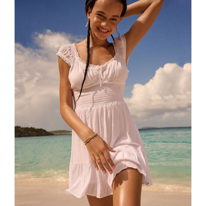 Solid Scoop-Neck Smocked Fit & Flare Mini Dress
